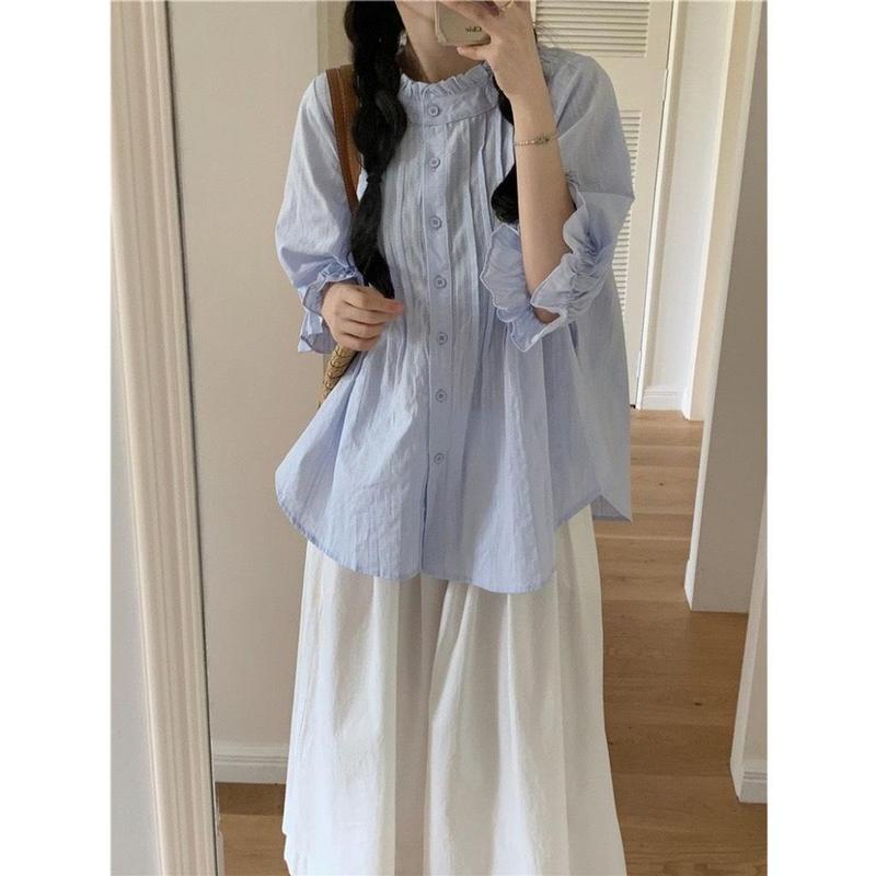 Áo babydoll viền bèo cổ trụ bo tay tông màu pastel