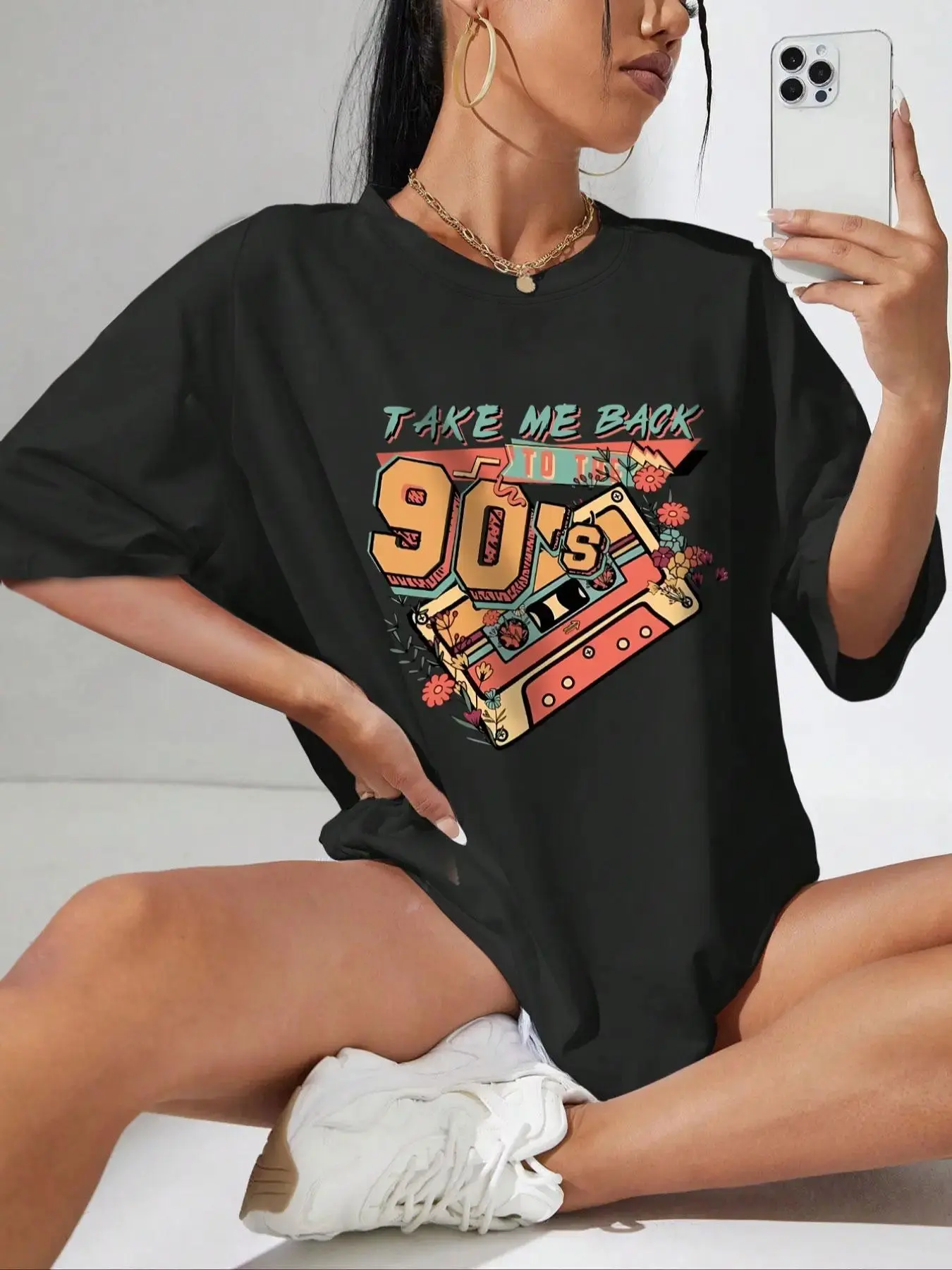 Women's Magnetic Tape & Letter Print Round Neck Tee, Vintage Drop Shoulder Half Sleeve T-shirt, Summer Clothes Women, Ladies Summer Outfit