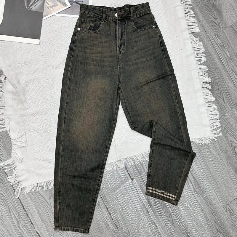 BL666 BIGGSIZE 75KG Quần baggy jean nữ cạp cao, quần jean dáng thụng thêu chữ nhỏ màu dơ ánh bụi Women Pants Denim