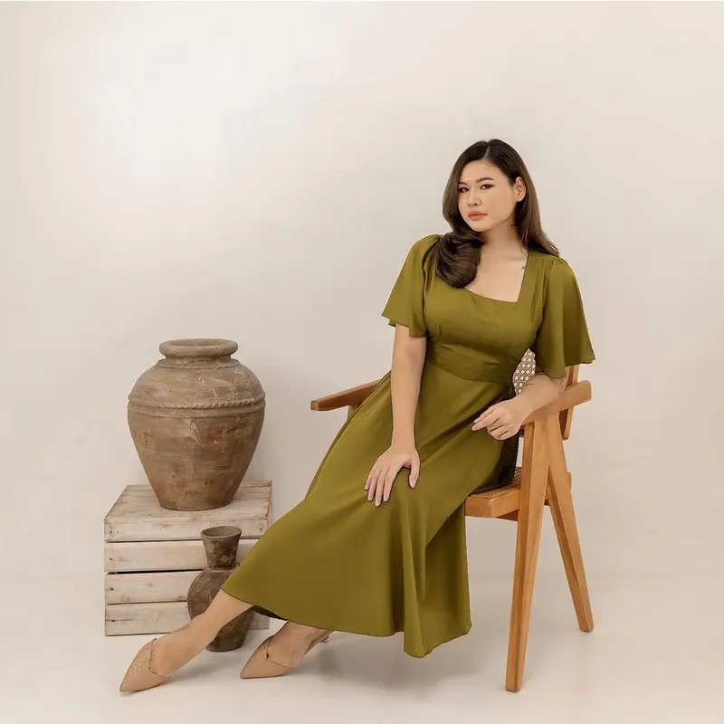 Jesika dress//dress leher kotak dress midi wanita polos Manis 3