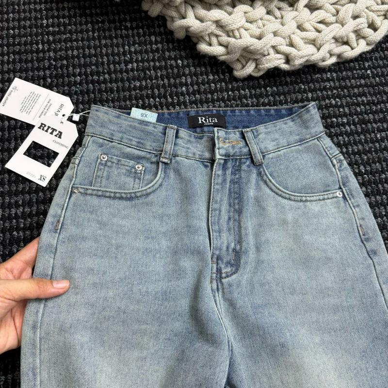 (RITA JEAN)A40 Quần Bò Nữ Màu Xanh Trung Trắng Bụi Lạ Lưng Cao Vải QC Mềm Mịn Không Giãn Lai Cuốn RiTa 3