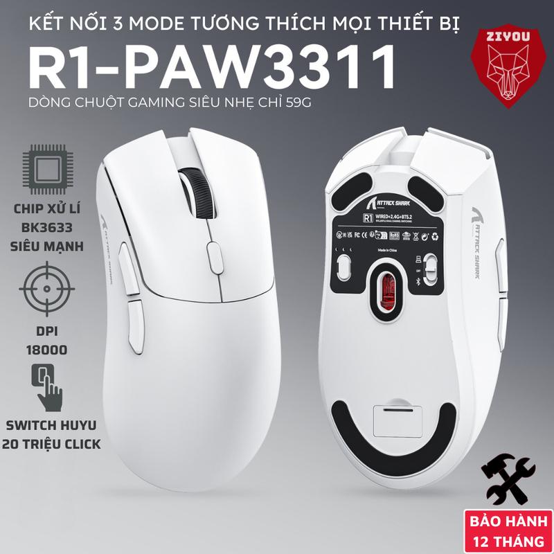 Chuột Gaming Không Dây Ziyou Attack Shark R1 Siêu Nhẹ Chip Paw3311 Cực Mạnh 3 Chế Độ Kết Nối Bluetooth / 2.4G / Type-C