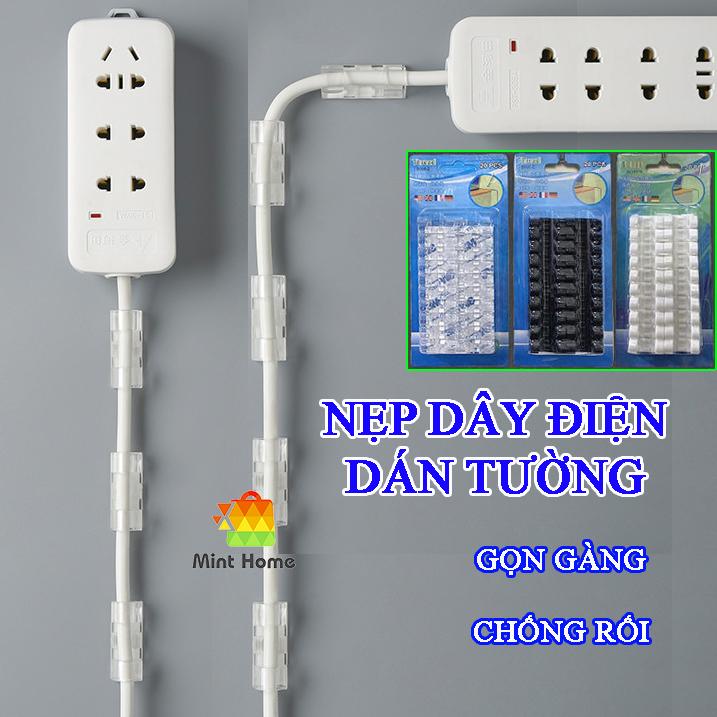 Kẹp dây điện dán tường treo giữ cố định dây điện, dây ổ điện, cáp sạc thông minh, bộ 20 cái và 16 cái sẵn keo kèm theo nẹp điện Treo Tường