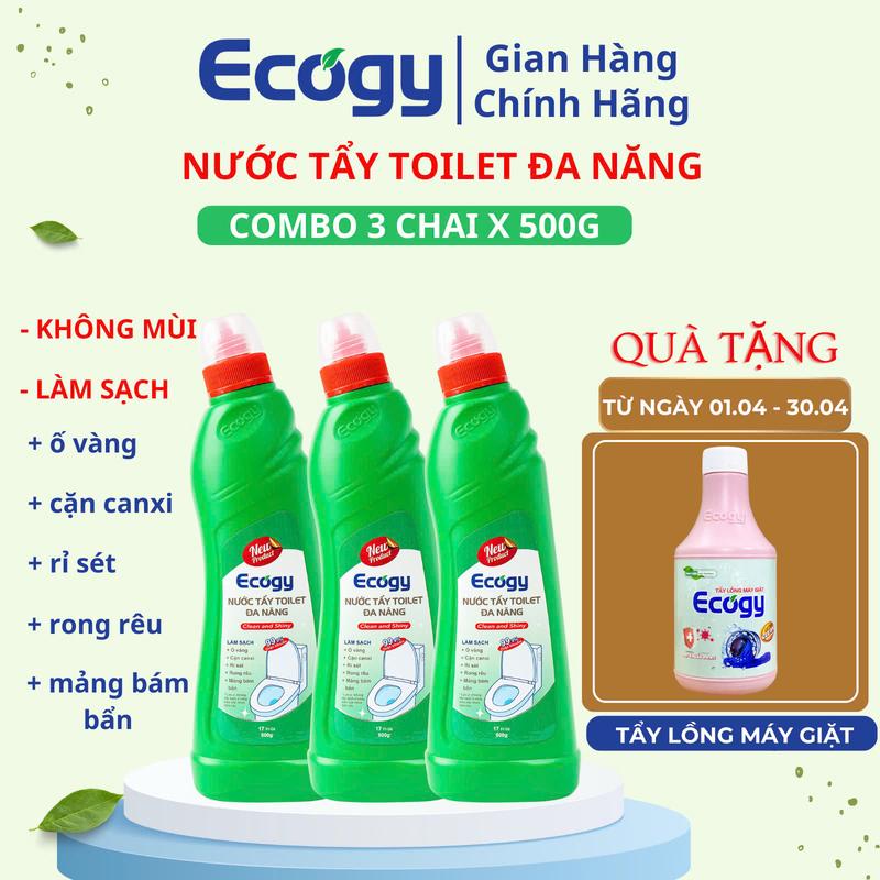 [ECOGY]; COMBO 3 CHAI NƯỚC TẨY TOILET ĐA NĂNG; Hỗ trợ làm sạch các mảng bám bẩn lâu ngày, cặn canxi, ố vàng, rỉ sét, rong rêu bám trên bồn cầu, chậu rửa mặt, vách kính, sàn gạch, gương soi. Sản phẩm dạng nước, trọng lượng 3 chai x 500g