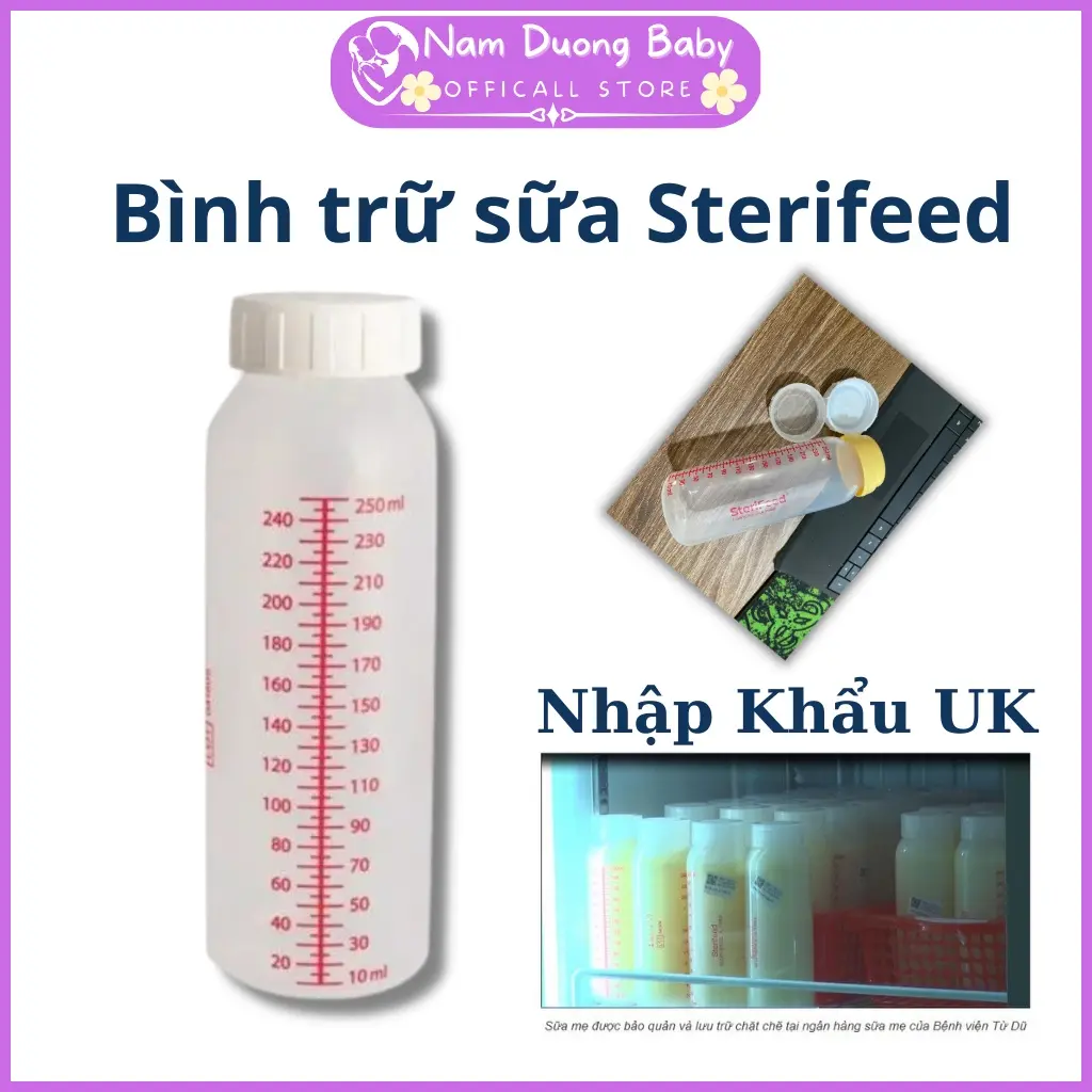Bình Trữ Sữa Sterifeed Baby Bottle 250ml, trư sưa, trư đông, bao quan sưa me, binh ti cho be, đưng sưa Đựng Sữa Bột Voi Đựng Sữa Bột Voi