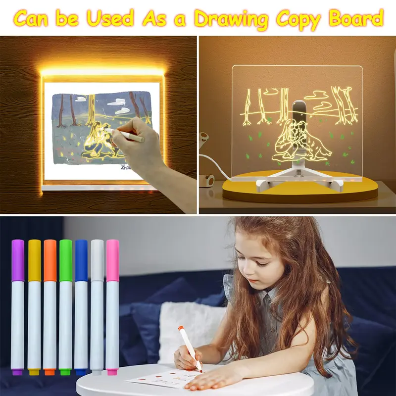 LED Message Board with 7 Colors Pen/Stand, Acrylic Board, Desktop Note Memo Illuminated Wordpad, Arts Doodle Notepad for Home School Office, Home Decor, Christmas Gift, Christmas Eve Box 7