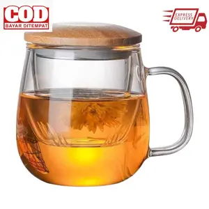 One Two Cups Gelas Cangkir Teh Tea Cup Mug with Infuser Filter Dengan Tutup Kayu Yang Elegant dan Mewah Dengan Kapasitas 360ml dan 420ml Buah Kaca