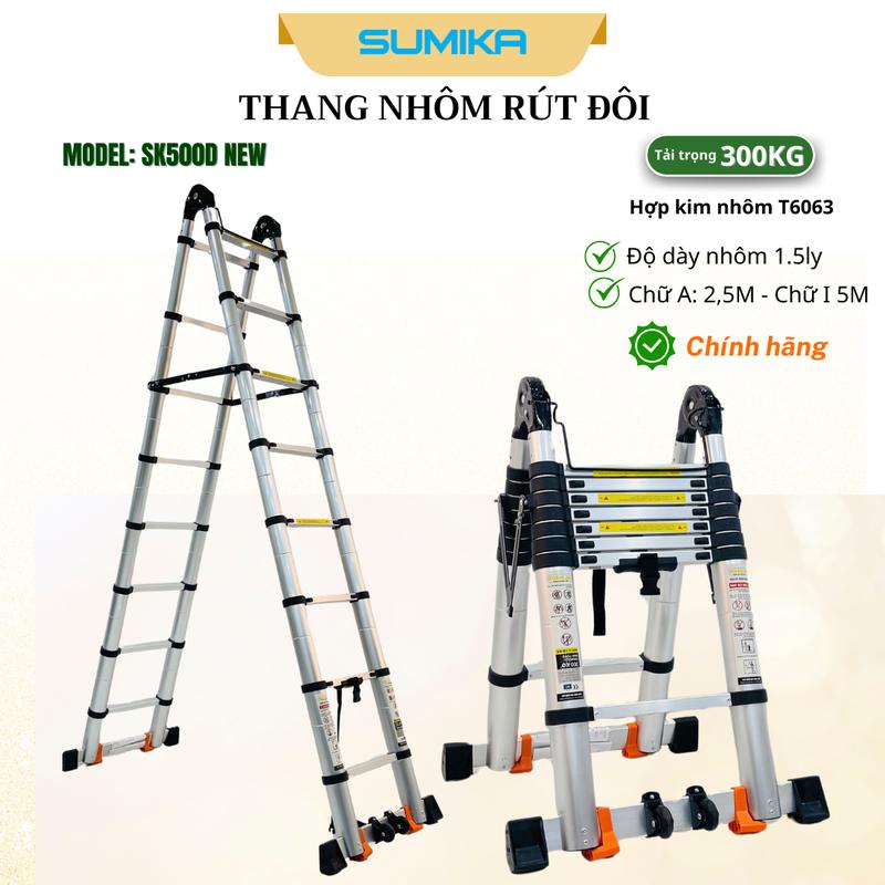 Thang nhôm rút đôi SUMIKA SK500D NEW, rút chữ A cao 2.5m, rút chữ I cao 5.0m, tải trọng 300kg 1