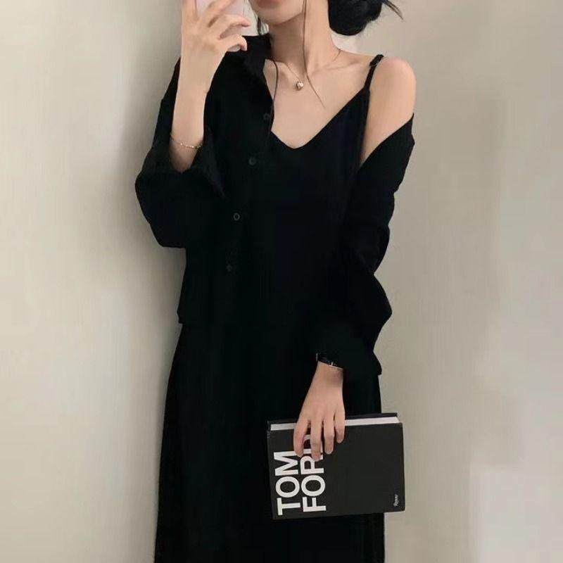 Bộ Đồ Hai Mảnh, Phong Cách Hàn Quốc Sang Trọng, Phong Cách Pháp, Cổ Điển Và Thanh Lịch, Trẻ Trung Và Gợi Cảm, Váy Hai Dây, Áo Khoác Sơ Mi, Dành Cho Nữ, Thích Hợp Cho Mùa Hè 3