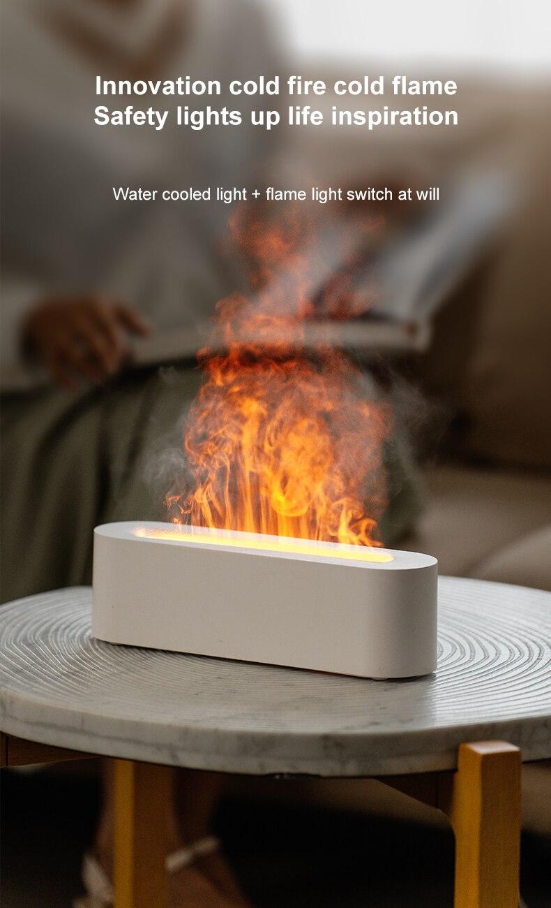 Product Introduction of Flame Aroma Diffuser Humidifier USB Desktop Simulation Light Aromatherapy Purifier Air for Bedroom With 7 Colors 37