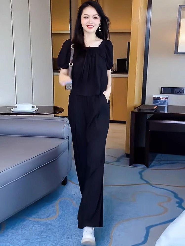 Product Introduction of [Ladies Fashion] plus Size Korean Style Fashion Square Collar Short Sleeve + Wide Leg Pants Casual Two-Piece Suit Women's 2024 Summer New Ins Design Sense 15