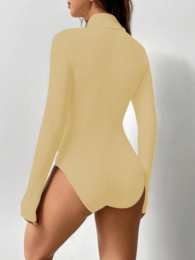 Product Introduction of Women's Solid Long Sleeve Zip Front Bodysuit, Comfort Basic Minimalist Casual Stand Collar Bodysuit for Summer, Ladies Clothes for Daily Wear, Tummy Slimmer, Workwear for Women 9