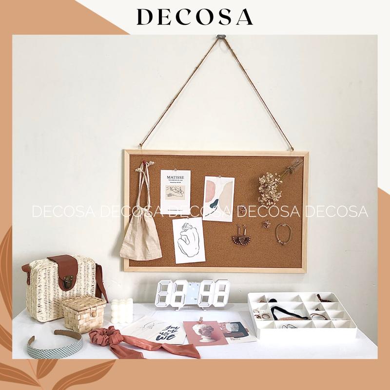 Bảng ghim bần khung gỗ treo ảnh giấy note ghi chú có móc treo tường Decor