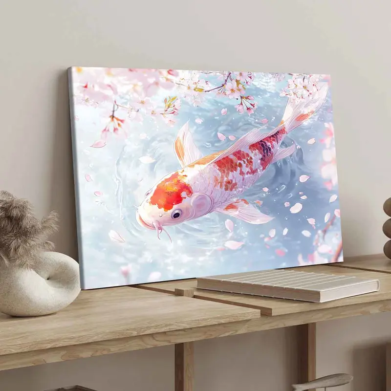 Koi Fish & Cherry Blossoms Pattern Canvas Painting with Frame, Modern Wall Art Painting, Wall Decor for Home Living Room Bedroom Office 0