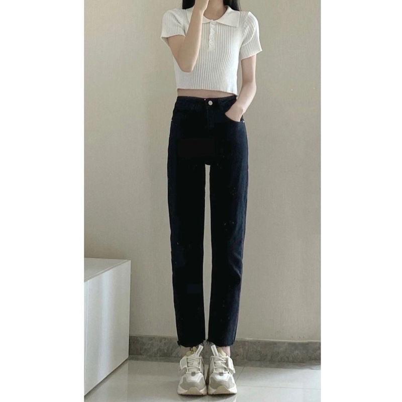 [ Full size 35-100kg] quần jeans giấy ống đứng co giãn cạp cao, Chất bò giấy co giãn 4 chiều,loại đẹp Nữ Women Ong Pants Denim Đen có thể giặt máy không có 1
