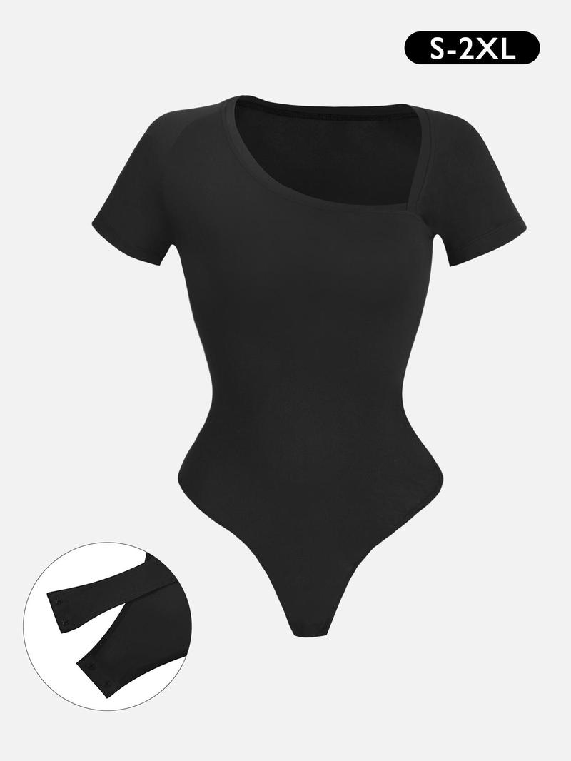 Product Introduction of Women's Solid Asymmetrical Neck Bodysuit, Casual Comfy Short Sleeve Bodysuit for Daily Wear, Ladies Clothes for Summer 9