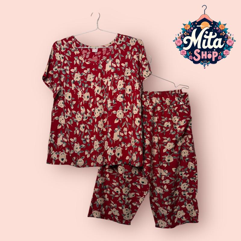 Quần Lửng Tay Ngắn - Đồ Bộ Nữ Trung Niên Tole Nhung Họa Tiết Hoa Lá - Big Size 49-89kg, Mềm Mịn Thoáng Mát, Thanh Lịch | Quần Áo Nữ Women Top