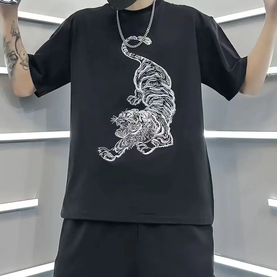 Lower Mountain Tiger Short Sleeve T-shirt Social Spirit Trend All-Match Men and Women Popular Slimming and Fashionable Short Sleeve