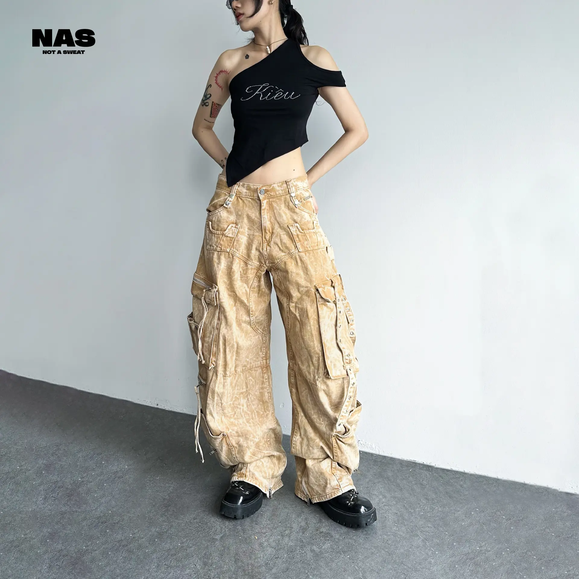NAS SAND RACING MUILTI-POCKETS PANTS - Quần Wash Denim Túi Hộp Unisex Ống Rộng