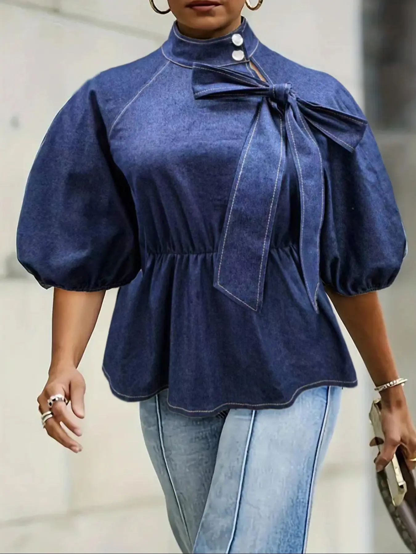 【Plus Size】Bow Decor Denim Blouse, Elegant Top for Women, Women's Plus Clothing for Daily Wear