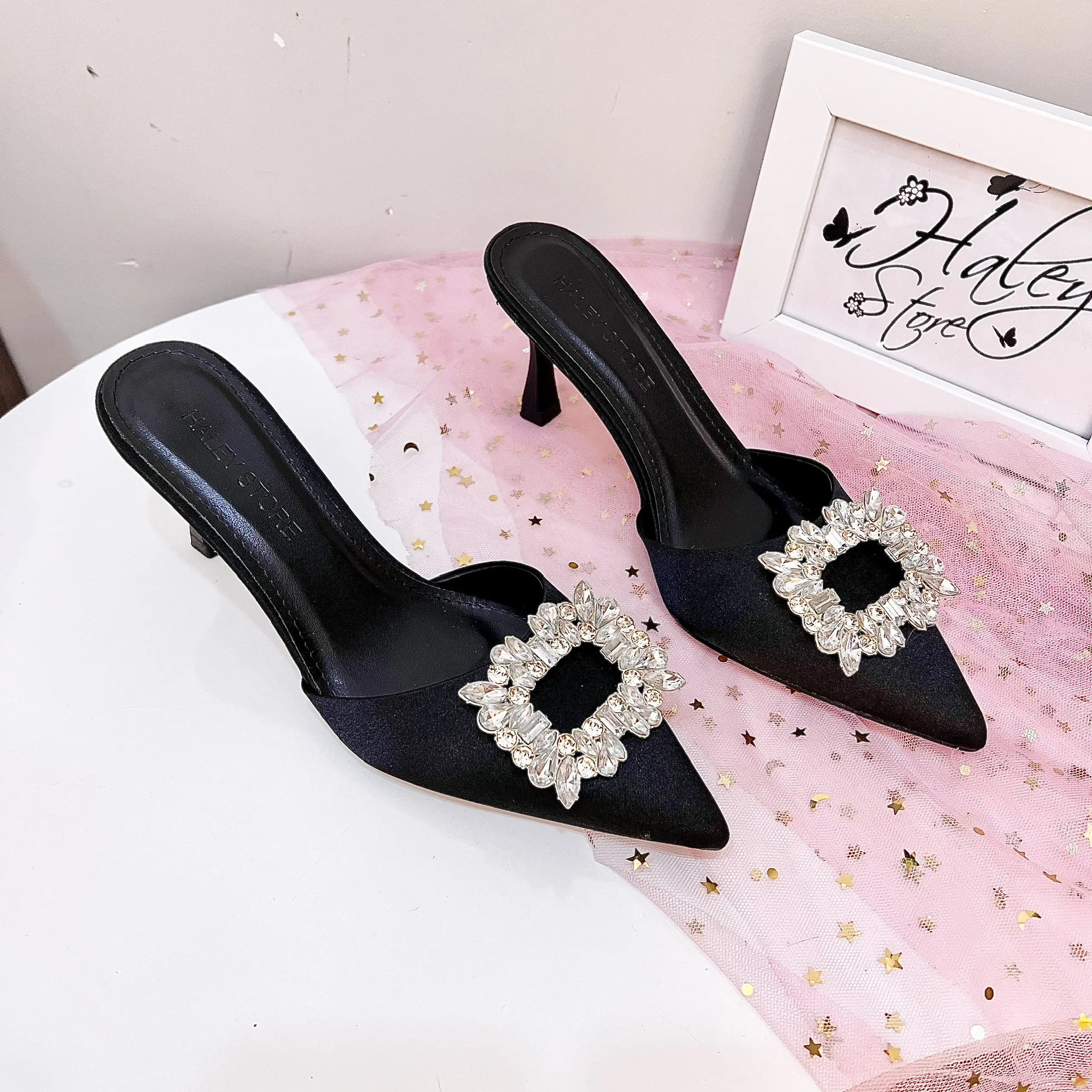 Guốc sục lụa cao gót 7p HALEY STORE mũi nhọn đính đá xoàn lấp lánh tiểu thư đi tiệc đi chơi đi học đi làm