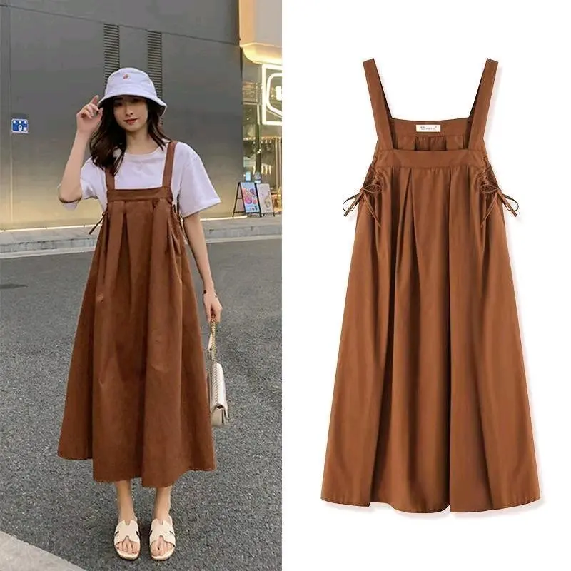 Overall Dress Wanita Panjang Linen Polos Korean Style - Baju Gaun Casual Nyaman