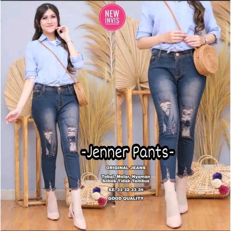 jener celana jeans wanita 7/9 model sobek-sobek street kekinian ada lapisan bawah rawis kaki melar Soft Stretch 1