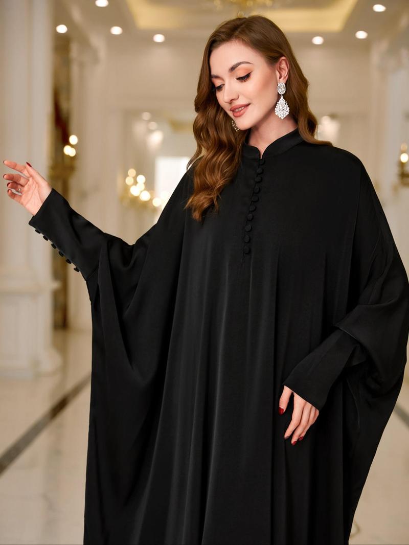Product Introduction of Women's Solid Button Front Batwing Sleeve Abaya Dress, Elegant Button Decor Cuff Long Sleeve Stand Collar Maxi Muslim Dress for Party Holiday Wedding Guest, Ladies Fall & Winter Clothes 4