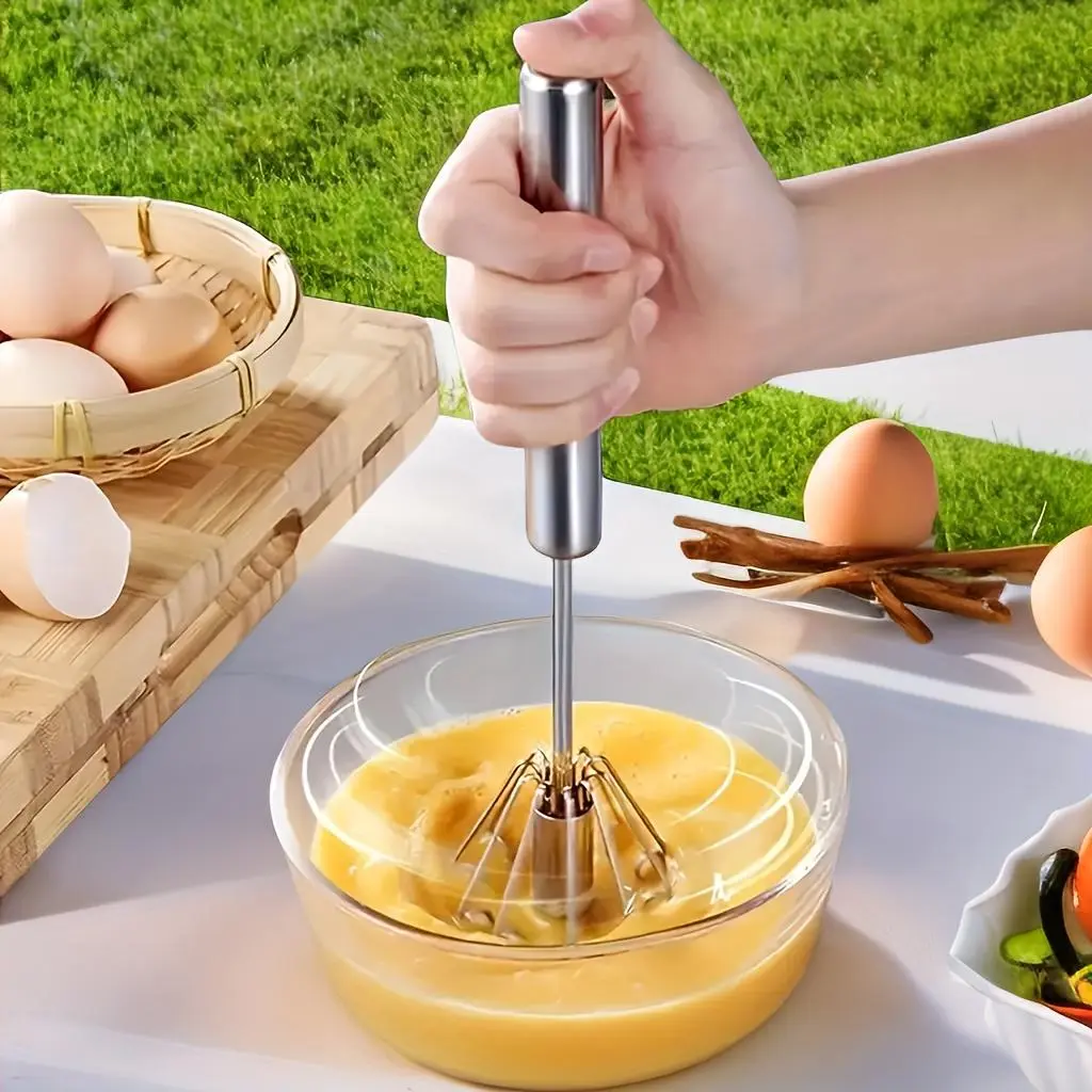 Stainless Steel Semi-automatic Rotary Whisk, 1 Count Household Egg Beater, Portable Kitchen Cookware Accessories for Home Baking, Camping