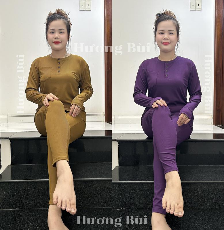 Đồ Bộ Ủ Kem Thun Tăm Lạnh Quảng Châu Cổ Trụ Nút Quần Baggy - Freesize 50-70Kg