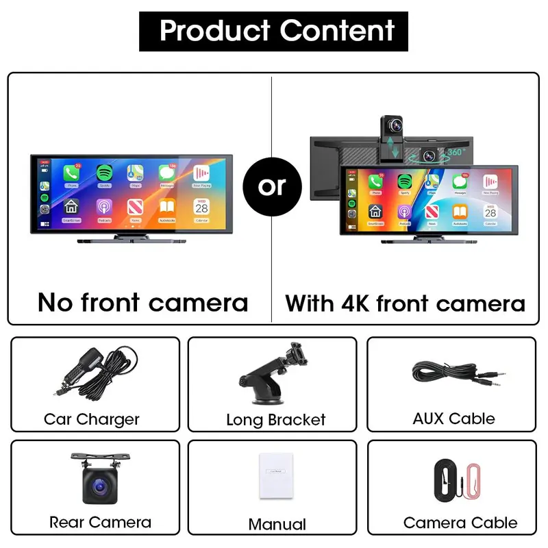 11.26 Inch Wireless Car Play Screen, Car Video Player with 4K 360° Rotatable Dashcam, Car Audio Receiver with BT, AUX, FM, Automotive, Car Camera 8