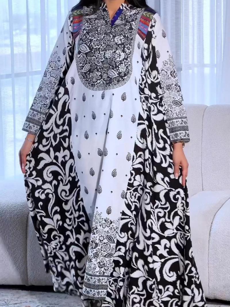 Product Introduction of Women's Ethnic Pattern Notched Neck Kaftan Dress, Boho Long Sleeve Maxi Dress for Beach Holiday Vacation, Ladies Clothes for All Seasons 3