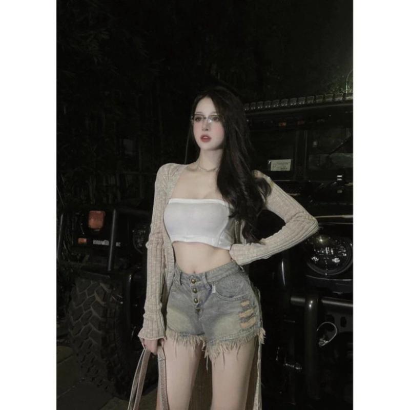 QUẦN SOOC NỮ 4 CÚC KHUY ĐỒNG RÁCH TUA RUA,QUẦN SHORT NỮ RÁCH PHỐI 2 TÚI LƯNG CAO ÔM BODY SIÊU HOT 7