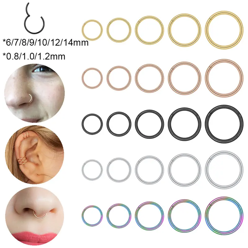 1 PC Stainless Steel Nose Ring Colorful Nostril Piercing Circle Septum Ring 16/18/20G Nose Clicker Simple Body Piercing 0