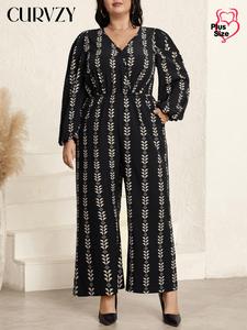 CURVZY Plus Size All Over Print V Neck Jumpsuit, Elegant Fashion Casual Wide Leg Jumpsuit for Daily Outdoor Wear, Women Plus Clothing for All Seasons