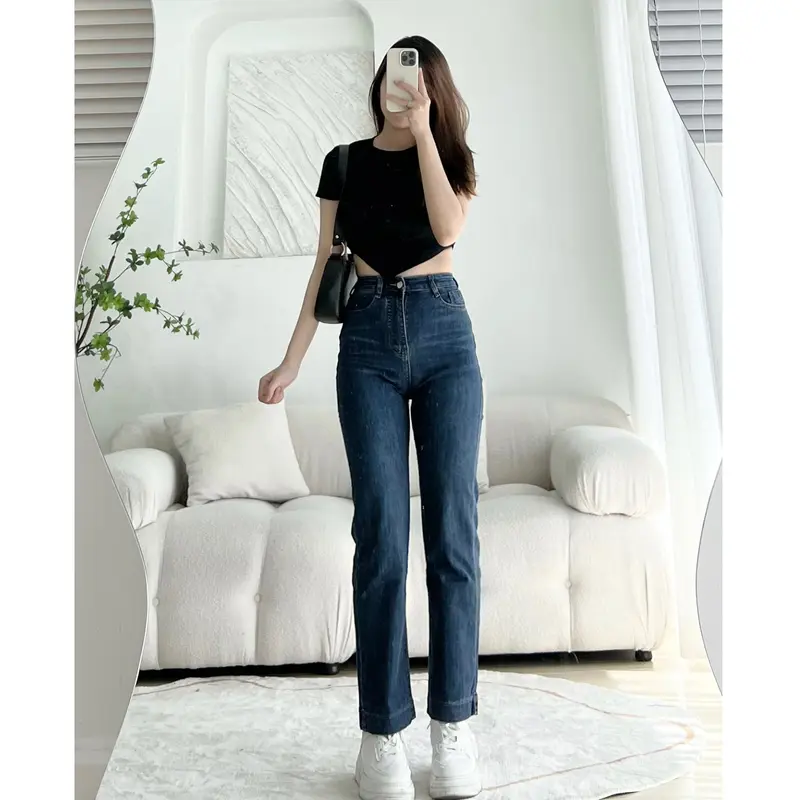 Quần Jean Ống Đứng GẤP LAI Co Dãn - Quần Bò Nữ Nấm Lùn Form Đứng Cạp Cao Leda 1