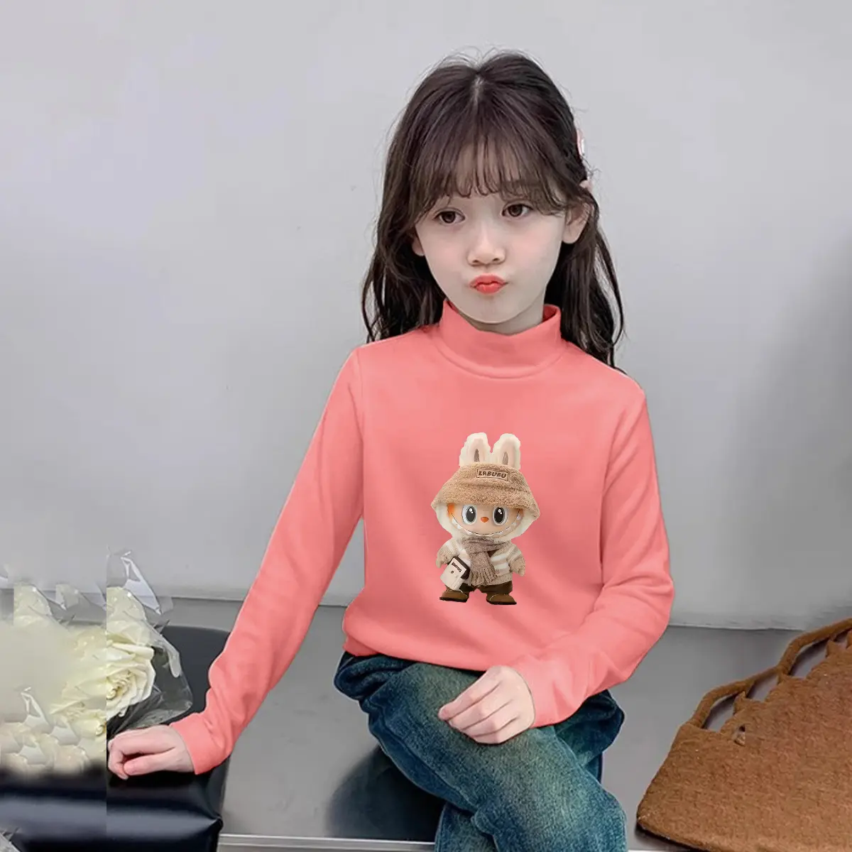 Áo giữ nhiệt LABUBU cho bé gái 16-45kg, nỉ lông thỏ mềm mịn. Áo giữ nhiệt thu đông cho bé gái 6-15 tuổi dẹp