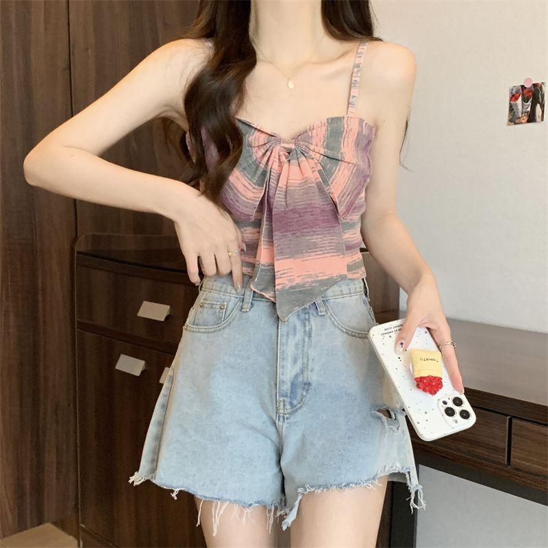 Product Introduction of Sweet and Spicy Style Striped Small Sling Vest Women's Summer Inner Wear Outer Wear Design Sense Niche Bow Sleeveless Short Top turtleneck  tank Lingerie Plaid Spaghetti Strap tank  top camisole  tops baby  tee 6