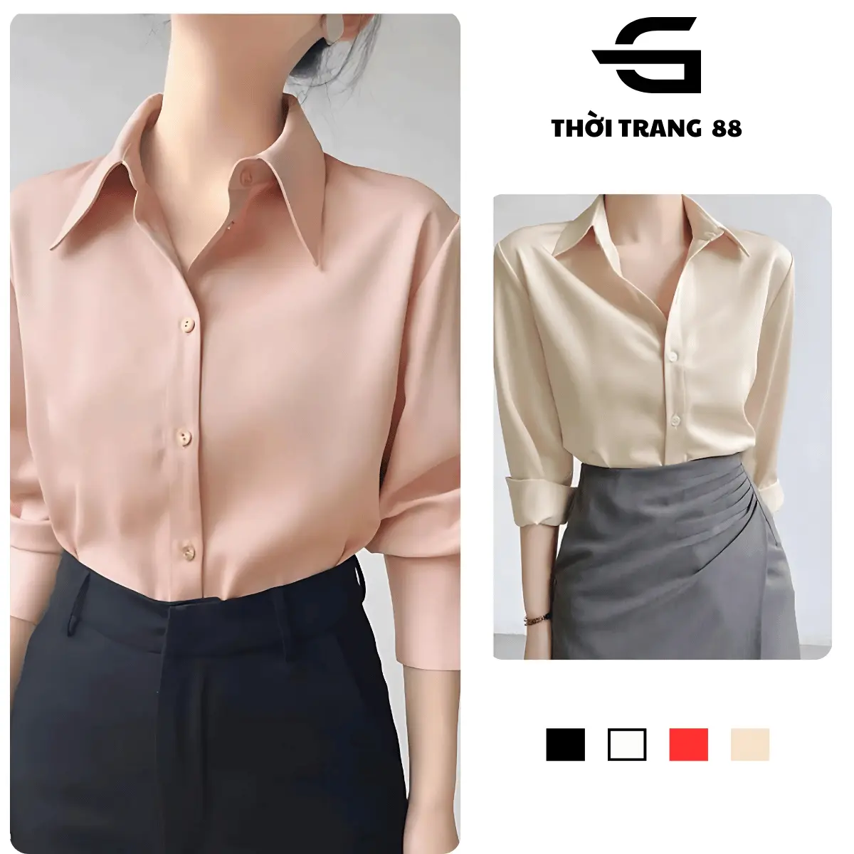 Áo sơ mi lụa cao cấp tay dài chất vải lụa mềm mại cổ đức phong cách hiện đại A008- Nữ, Women Top Shirt