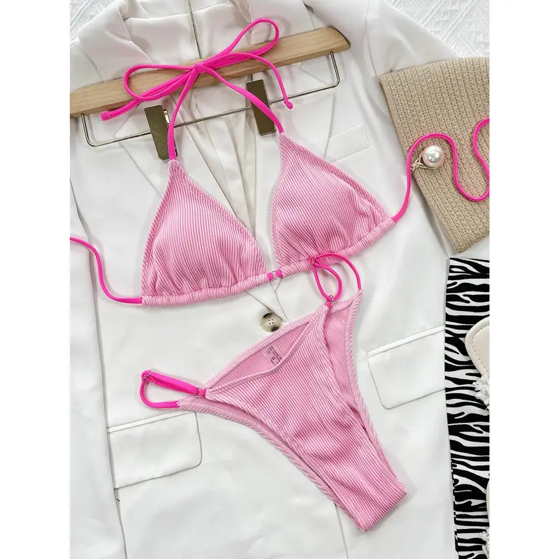 Una-Shop Solid Color Bikinis Sets With Adjustable Straps Trendy Swimsuit For Women Summer Beach Swim Pool Party Bikini Swimwear 8