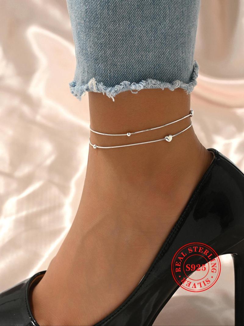 Product Introduction of 925 Sterling Silver Double Layer Heart Decor Adjustable Strap Anklet for Women, Fashion Jewelry for Party, Daily Clothing Decor, Trendy All-match & Exquisite Jewelry for Birthday Gift 0