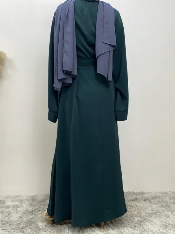 Women's Plain Belted Flounce Sleeve Dress without Necklace, Casual Long Sleeve Round Neck Long Dress for Daily Wear, Ladies Clothes for All Seasons, Classy Modest Dresses 7