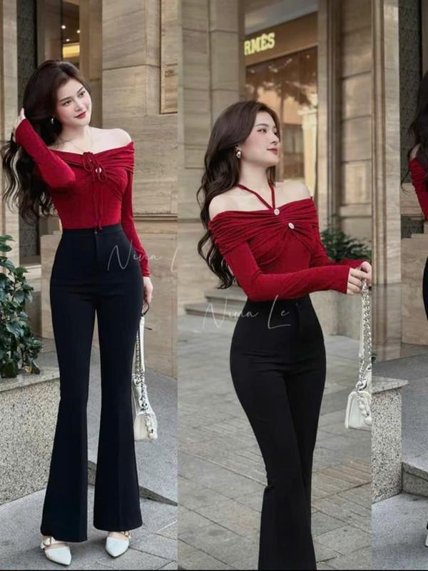  Quần loe nữ lưng cao chất vải Ruby Gold Nhật siêu mềm mướt có túi hai bên dáng rủ tôn dáng dài 100cm 