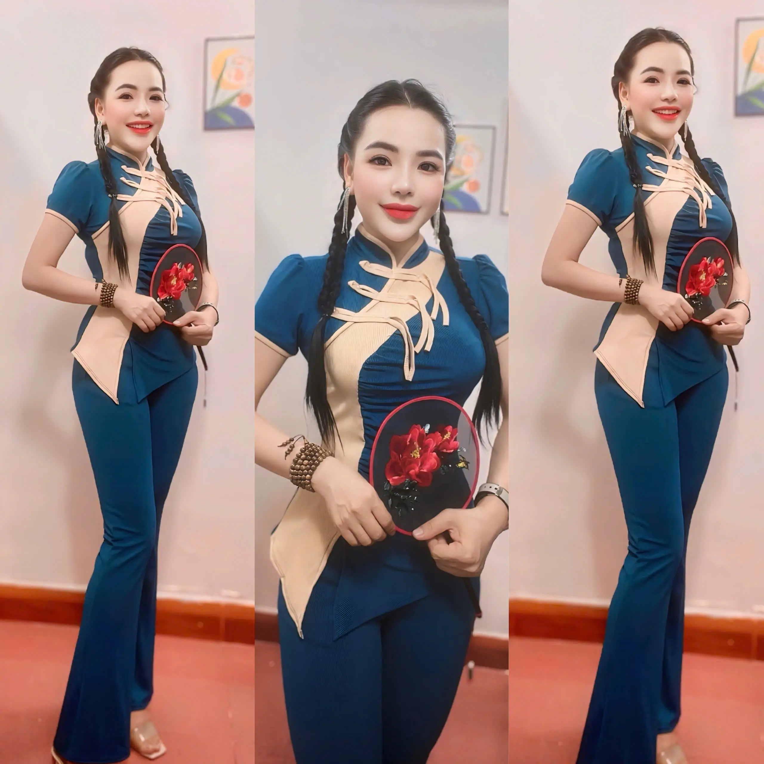 Sét Bộ Áo Cổ Tàu Mặc Tết Phối Dây- Quần Dài Ống Vừa - Mã TL06 cho Nữ - Top Women Jacket Ong Nhung