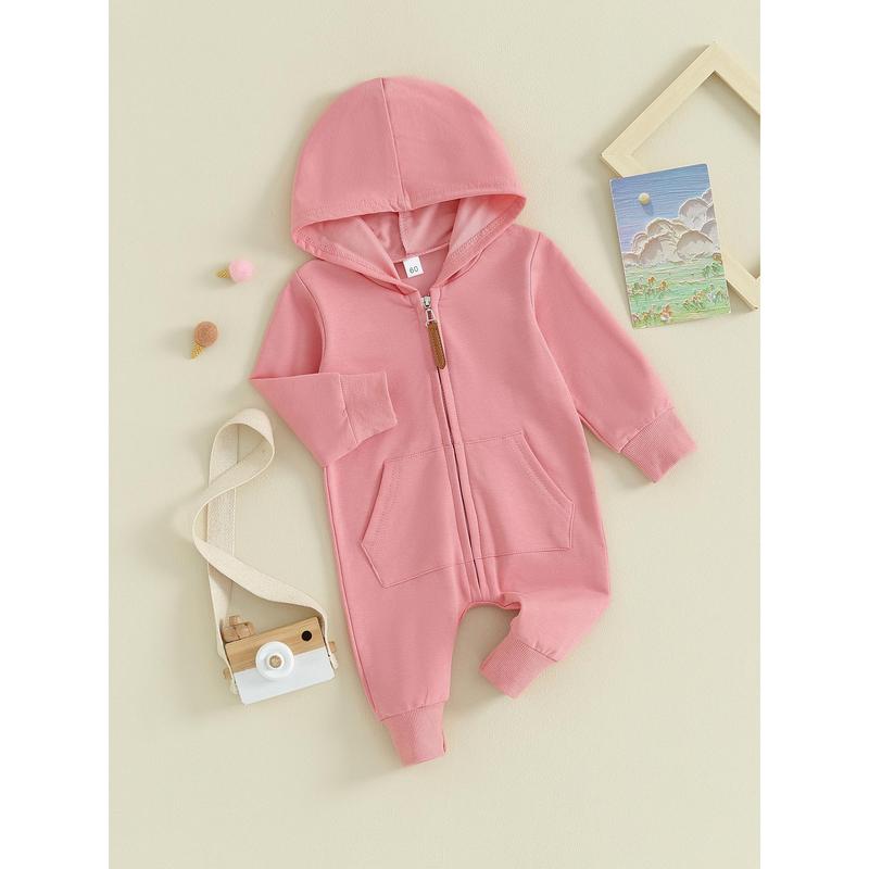 Áo liền quần cho bé, Áo liền quần dài tay có mũ trùm đầu Zip-up Solid Fall Romper Quần áo cho bé trai bé gái Jumpsuit 7