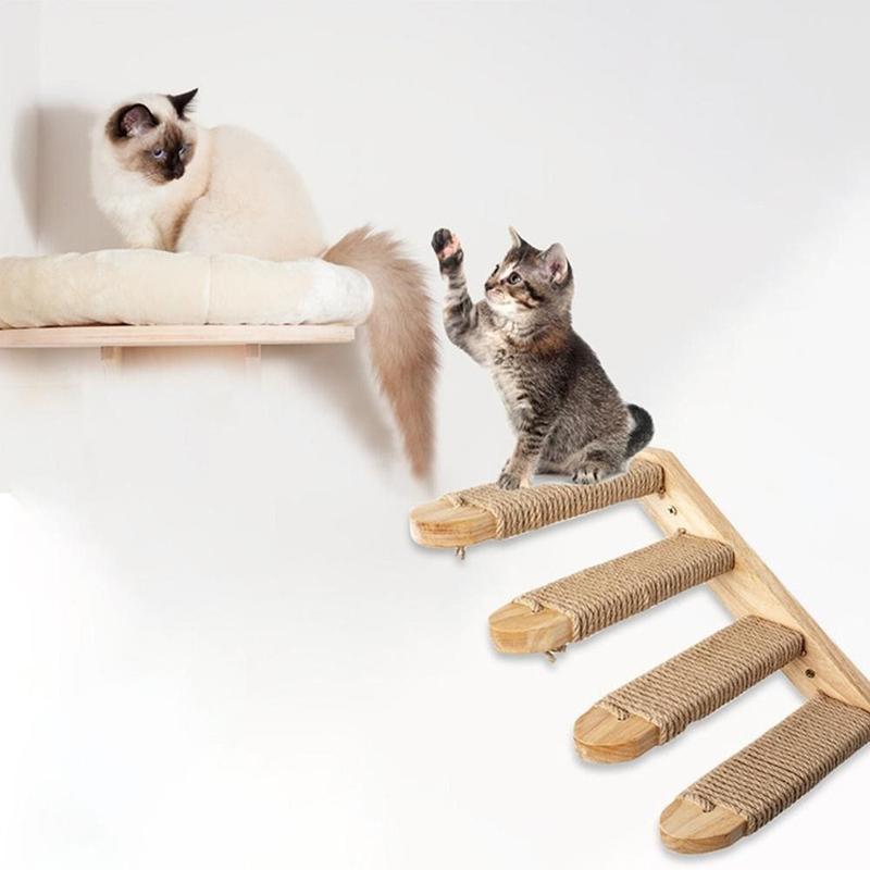 Product Introduction of Creative Solid Wood Cat Climbing Shelf Steps Wall Mounted Space Saving Cat Steps Ladder Reversible with Sisal Rope Wooden Stairway Shelves Kitten Playing 9