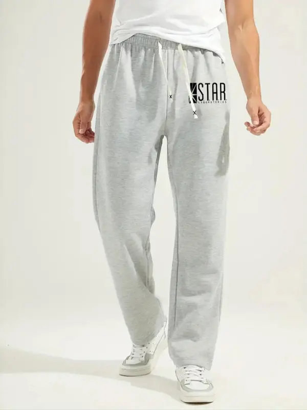 Unisex Letter Print Drawstring Waist Sweatpants, Casual Pocket Straight Leg Trousers for Daily Wear, Unisex Bottoms for All Seasons 1