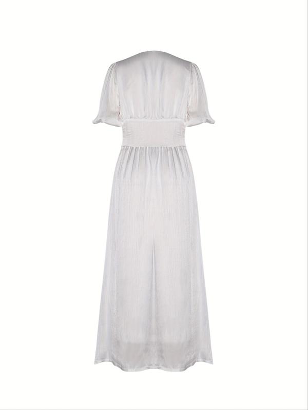 Women's Plain Fake Buttons Split Thigh A Line Dress, Elegant Puff Sleeve Deep V Neck Long Dress for Party Holiday Wedding Guest, Ladies Summer Clothes 1