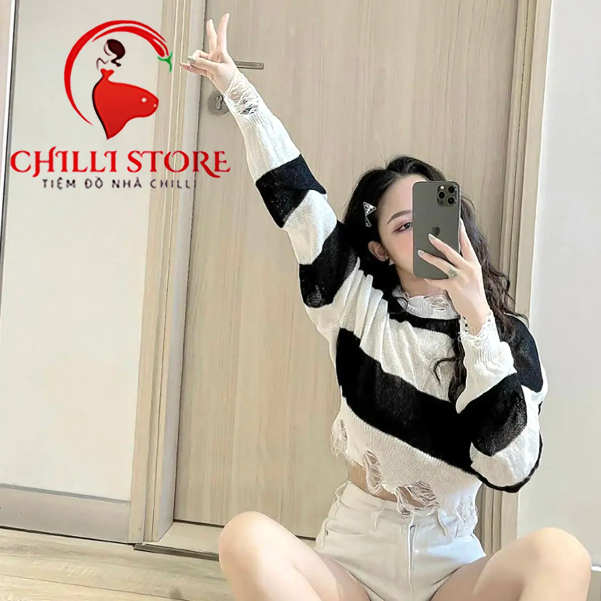 Áo Len Form Nữ Croptop sọc tay dài phối rách con sò (tiệm đồ nhà Chilli )