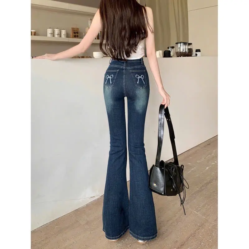 Quần jeans ống loe túi sau thêu hoạ tiết nơ lưng cao co dãn phong cách hàn quốc 3